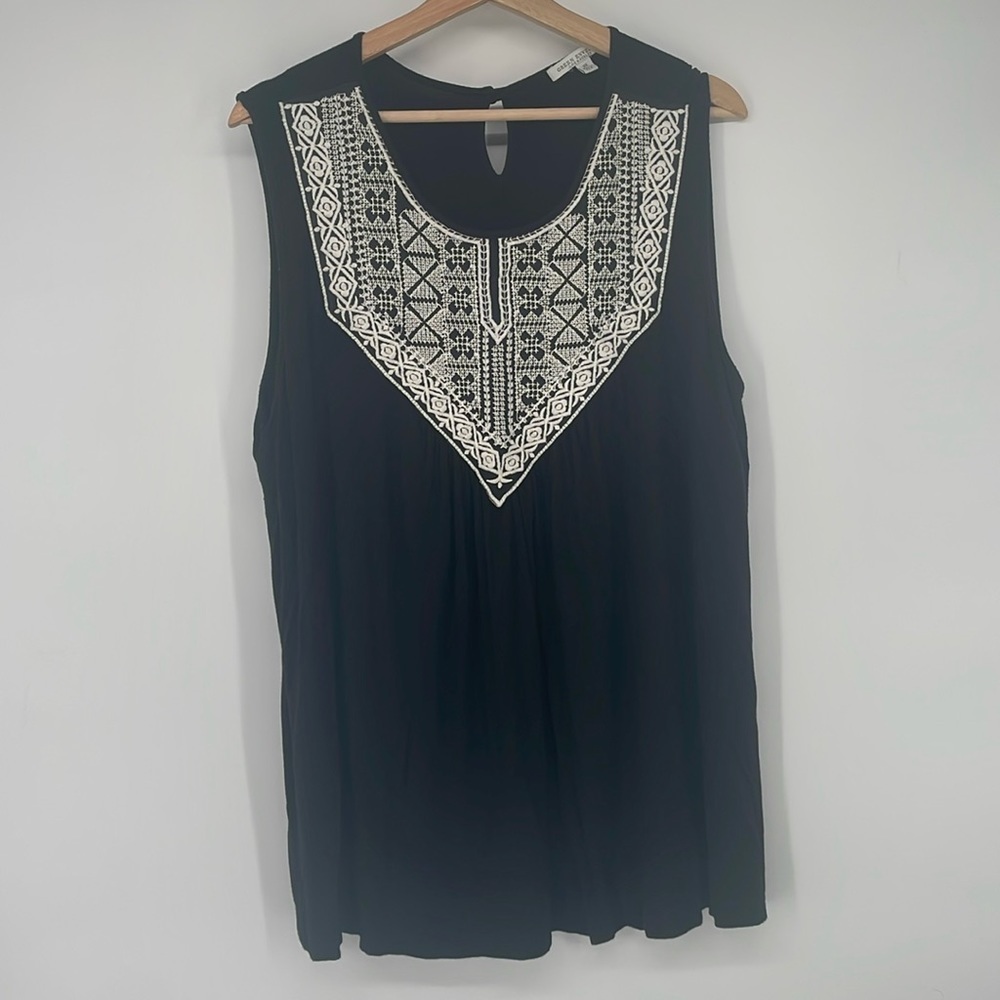 Green Envelope Black Tank Top with White Embroidered Yoke